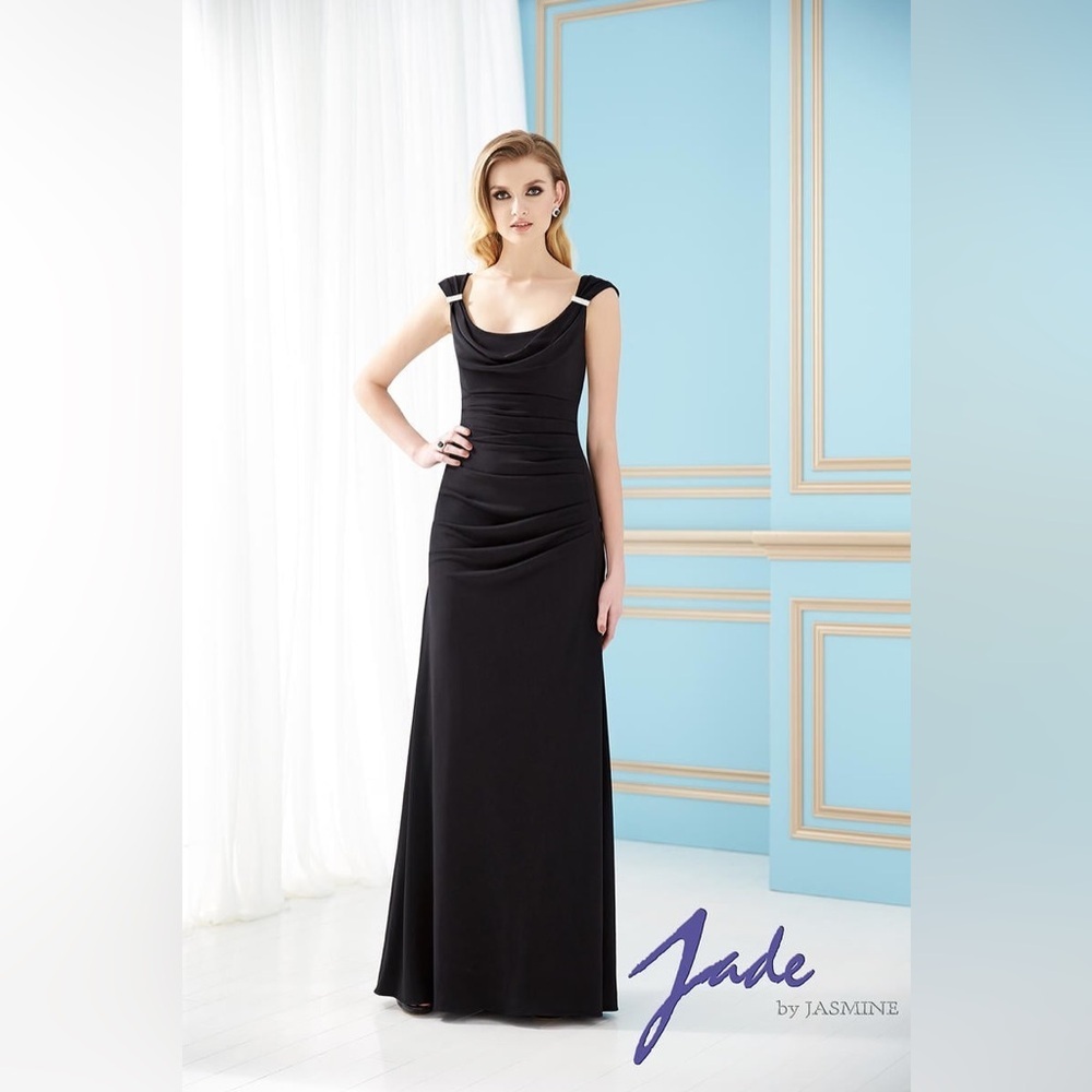 Jade by Jasmine Black Formal Maxi Gown Size 10 – Draped Neck Mother of the Bride